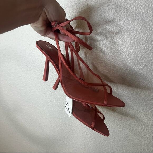 Zara coral red mesh strappy pointed heels NEW 41/10 - Picture 5 of 12